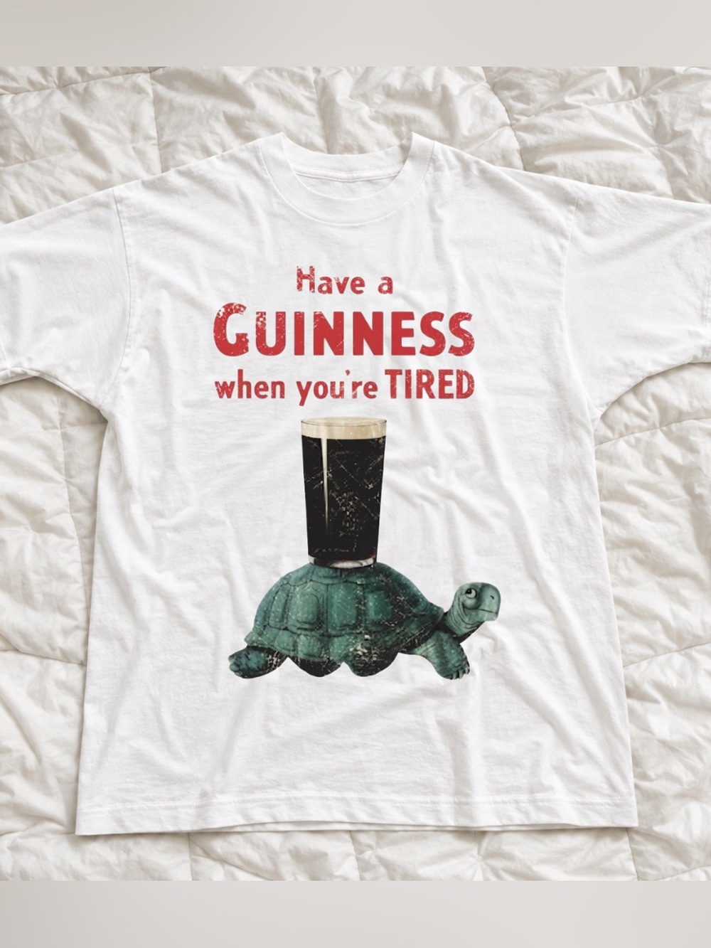Gildan White Guinness Text and Green Turtle Graphic, Retro Turtle Illustration